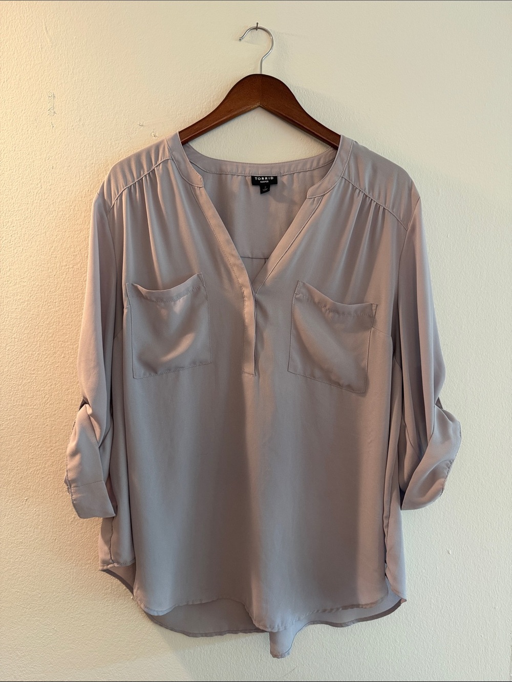 Torrid The Harper Purple/Grey Split-Neck Pocket Blouse - 3/4 Length Sleeves